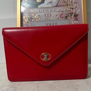 Celine Red Leather clutch with mixed metal hardware